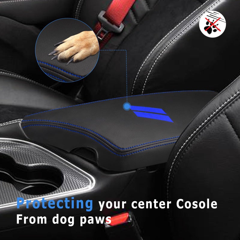 INTGET Car Center Console Cover for 2023 2022 Dodge Challenger Accessories 2021 2020 2019 2018 2017 2016 2015 Armrest Cover Interior Lid Protector (Blue Stitches  PU leather) - Image 4